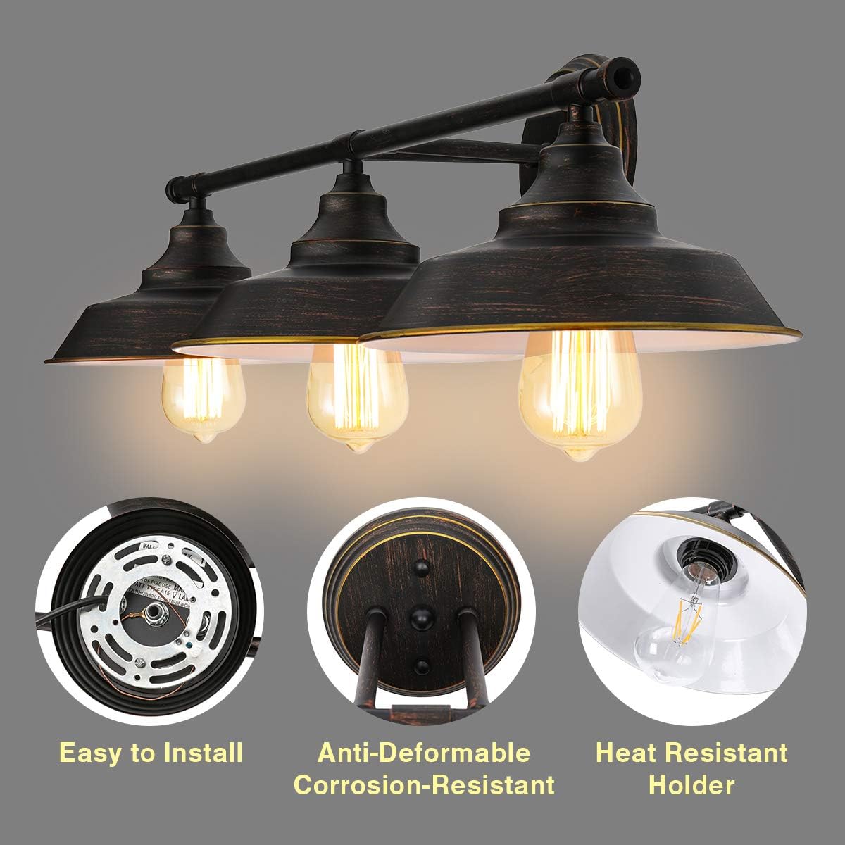 KingSo Bathroom Vanity Light 3 Light Wall Sconce Fixture Industrial Indoor Wall Mount Lamp Shade for Bathroom Kitchen Living Room Workshop Cafe - - 