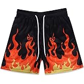 Bloonexus Mens Flame Graphic Shorts Mesh Basketball Quick Dry Workout Casual Running Print Streetwear Cool with Pockets