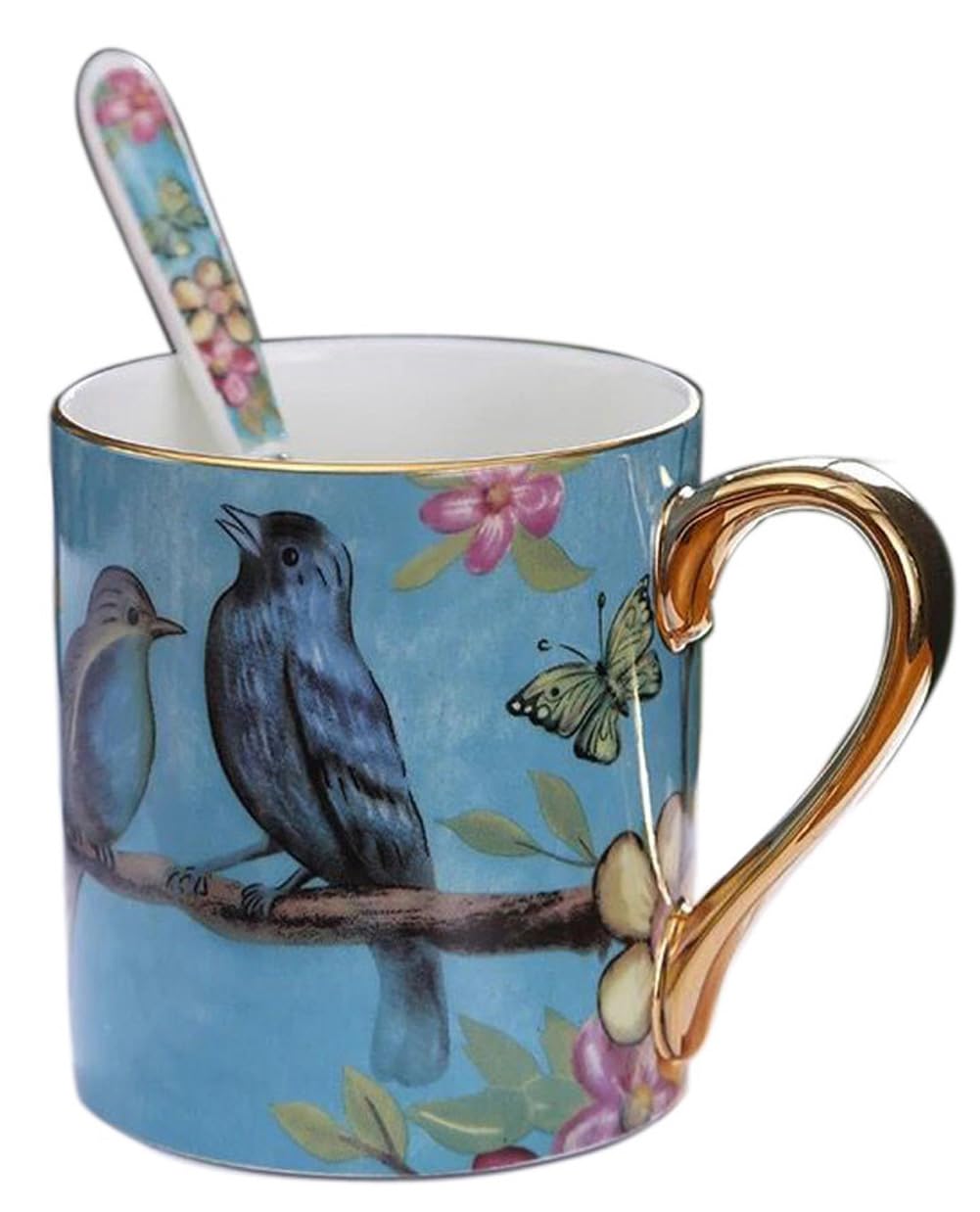 YBK Tech Bone China Porcelain Tea Cup, 12oz Coffee Mug for Home Kitchen Office - Birds Pattern (Blue)