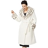 BEAUZSUZSANA Women's Lapel Faux Fur Coat with Leopard Print Trim Long Warm Trendy Fur Jacket with Belt and Pockets