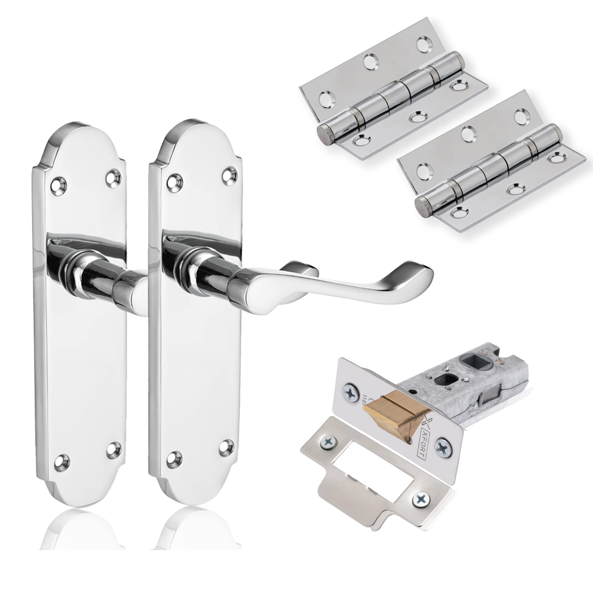 XFORT Chrome Elegance Range Polished Chrome Richmond Lever Latch Door Pack, Complete Set with Door Handles, 65mm Tubular Latch and 75mm Ball Bearing Hinges, for Internal Wooden Doors.