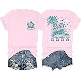KEEVICI Hawaiian Beach T Shirts for Women Hibiscus Flower Palm Tree Shirt Tropical Graphic Tees Summer Beachy Vacation Tops