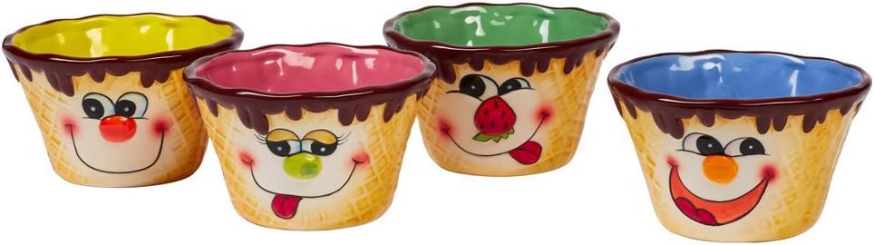 Eisschälchen, Eisbecher, Dessertschale, Eisschale, Eisschüssel, mit Eiswaffelmotiv & Gesicht, Schüssel bunt, lustige Schüssel, 4 Stück, Steingut