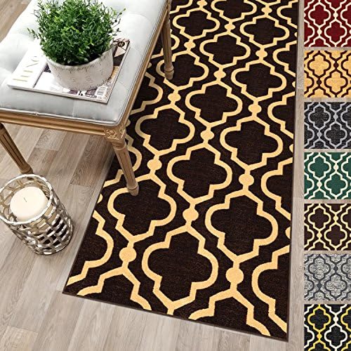 Custom Size 22-inch Wide x 10-feet Long Brown Moroccan Trellis Rubber Backed Non-Slip Hallway Stair Kitchen Runner Rug Carpet Choose Your Length 22in X 10ft