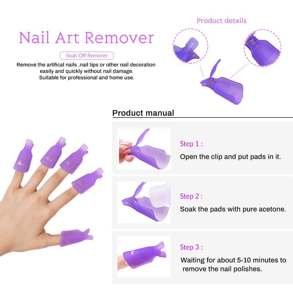 Gel Nail Polish Remover Kit, MORGLES 10pcs Nail Polish Remover Clips Cap 300pcs Nail Wipe Cotton Pads Nano Glass Nail File Cuticle Pusher Nail File Grit 100/180 and Brushes-Purple : Beauty