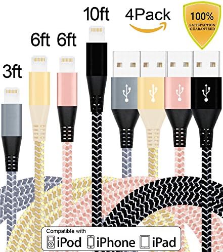 Tecland 4Pack 3FT 6FT 6FT 10FT iPhone Nylon Braided Lightning Cables to USB Sync Charger for iPhone7/7Plus/ 6/ 6s/ Plus /5s /5Plus/ 5,iPad Pro,Air 2,iPad mini.(4pcs different colors)