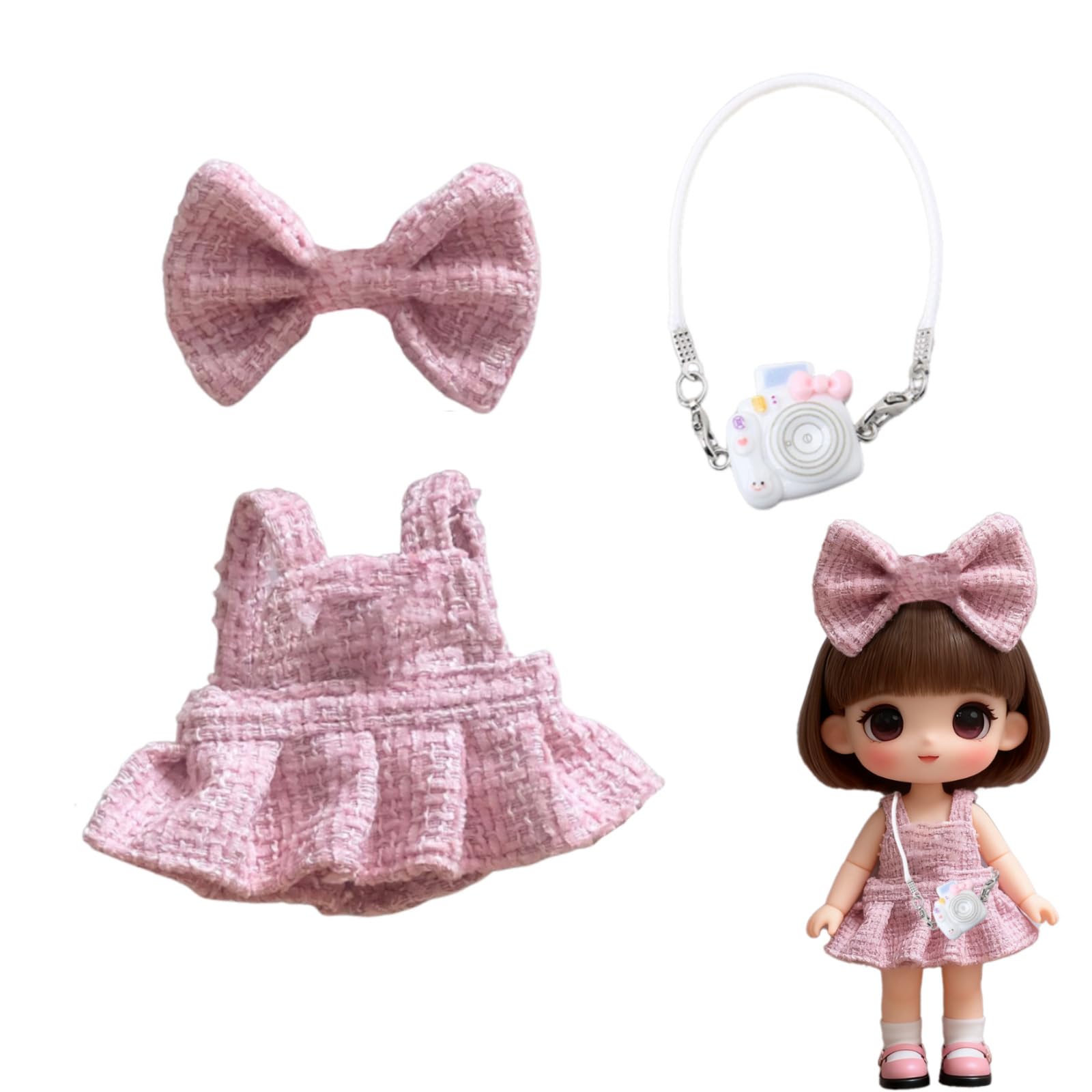 3 Pcs Doll Clothes for 17cm Plush Dolls Light Pink Halter Dress Bow Hair Clip Mini Handbag for Similar Plush Dolls Birthday Holiday Present for Girls Kids（No Doll）
