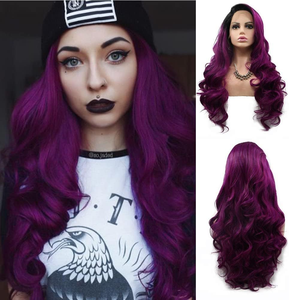 Xiweiya Purple Lace Front Wigs Long Body Wave Hair Purple Color Lace Wigs with Dark Roots Side Part Heat Resistant Fiber Hair 180% Density Wig for Women 26 Inch