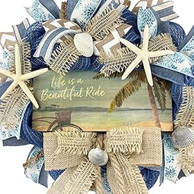 Beautiful Blue Burlap Artisan “Life is a Beautiful Ride” Beach, Coastal, Tropical Wreath with Nautical Rope, Starfish… 61jAKeYW2NS