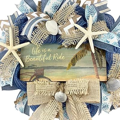 Beautiful Blue Burlap Artisan “Life is a Beautiful Ride” Beach, Coastal, Tropical Wreath with Nautical Rope, Starfish… 61jAKeYW2NS
