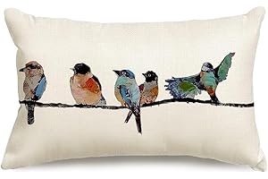 RABUSOFA 12x20 Lumbar Pillow Decorative Throw Pillows,Small Hand-Painted Outdoor Birds Pillowcases,Spring Summer Pillows Decorative Throw Cushion Covers Linen for Couch Sofa Teal Blue
