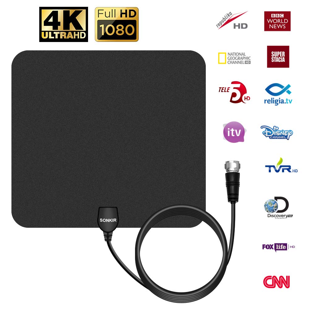 Sonkir HDTV Antenna, HD Digital Indoor TV Antenna 60-80 Miles Long Range with Amplifier TV Signals High Reception High Definition Antenna for TV 4K 1080P Channels Free Gain 16Ft Coax Cable
