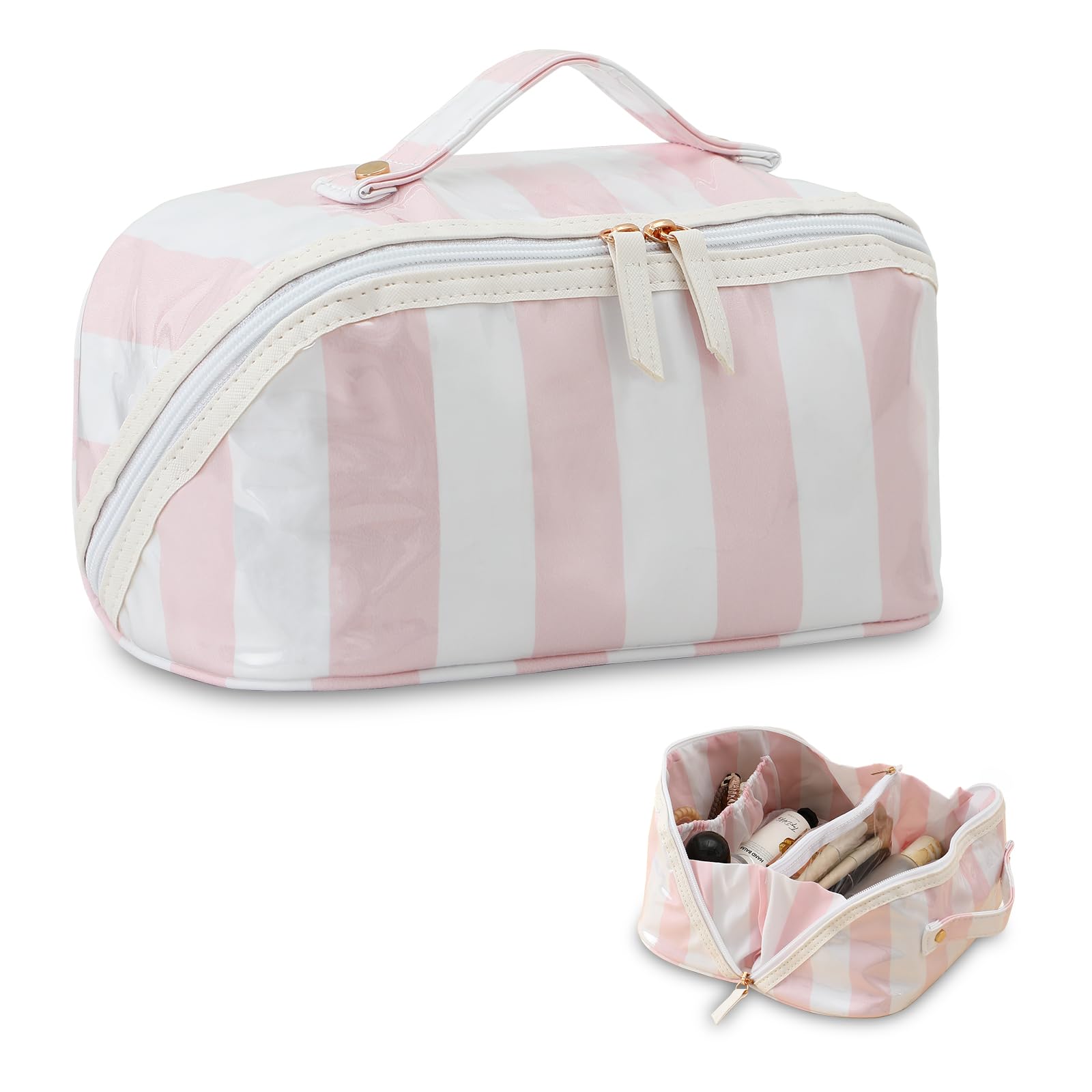 Photo 1 of DYSHAYEN Stripe Travel Makeup Bag with Compartments Clear Coated Cosmetic Bag for Women, Waterproof Portable Open Flat Toiletry bag ?White-Pink?