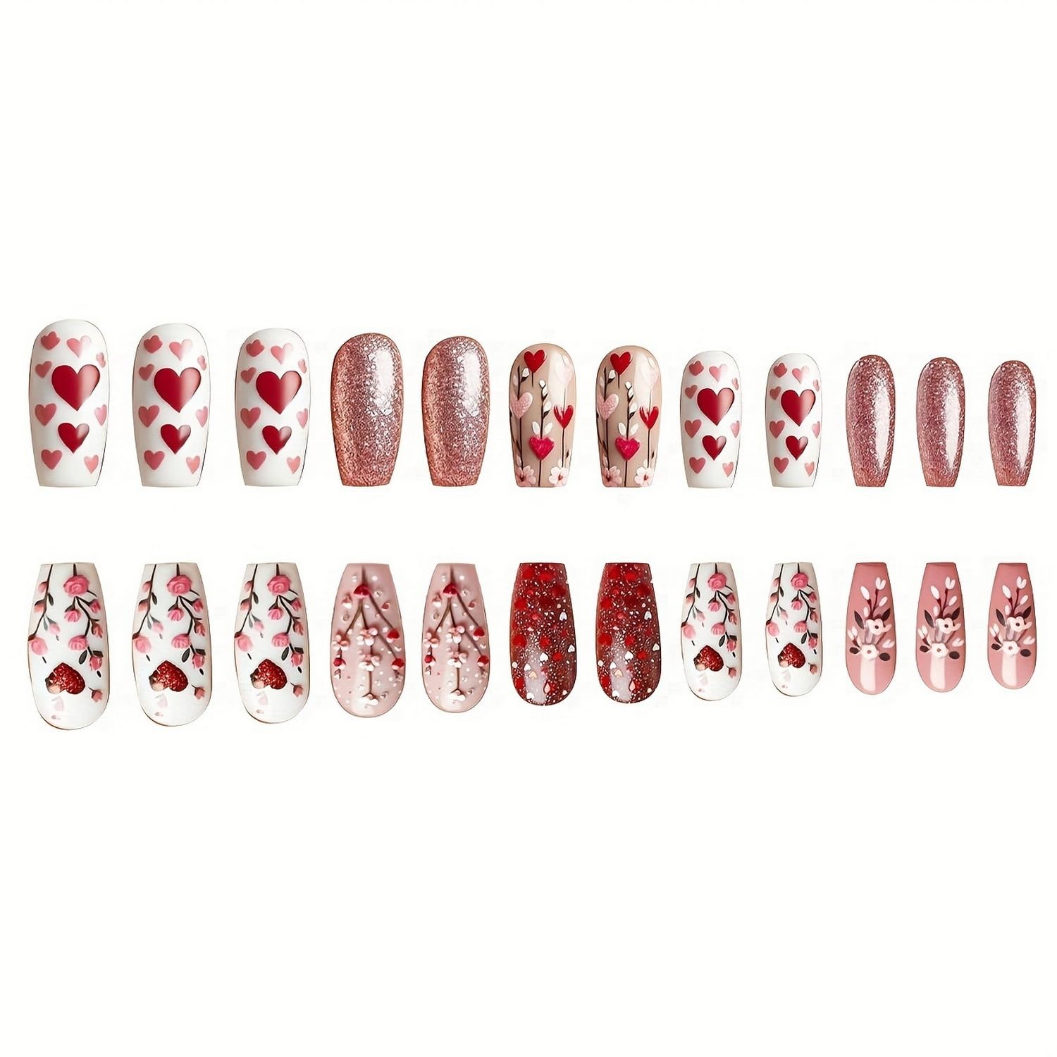 24 Pcs Valentines Glitter Press on Nails Glossy Fake Nails Red Heart and Flowers Design Medium Coffin False Nails Sparkly Full Cover Stick on Nails Valentines Nails for Women DIY Manicure Decor - Image 3