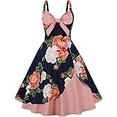 Women Spaghetti Straps 50s Vintage Floral Print Cocktail Party Swing Dress Pinup Contrast Color Block Retro 1950s Audrey Rockabilly Prom Dress Fared A-line Backless Wedding Dress Pink+Dark Blue XL