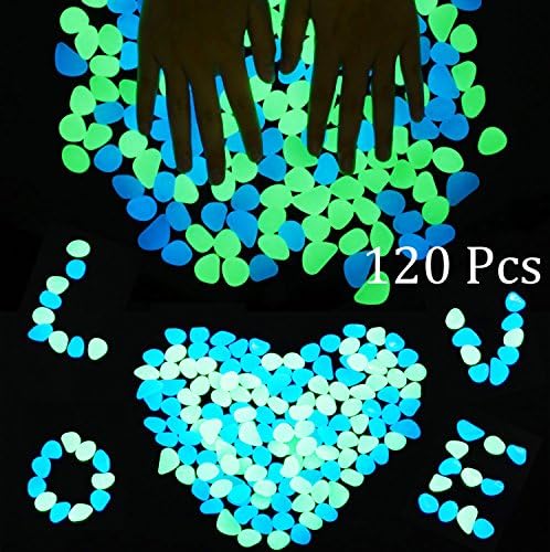 Mixspace 120pcs Glow in the Dark Garden Pebbles Glow Stones Rocks for Patio, Garden, Lawn, Walkway, Yard Grass, Window and Fish Tank (Three colors)