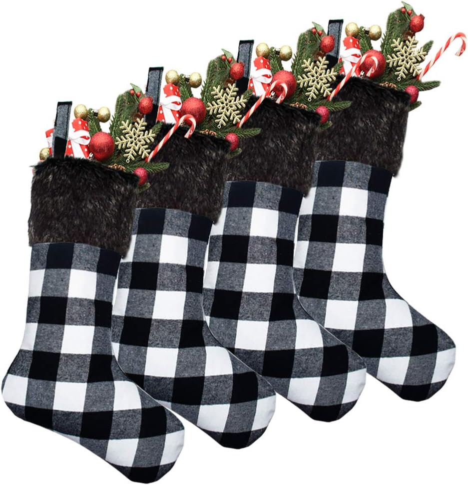 Stockings & Holders - Yoochee 4 Pack Christmas Stockings, 18 inch Large Buffalo Plaid Stockings for Christmas Decoration, Durable Red and Black Checked Xmas Stocking (Plush Black Cuff, Black&White)