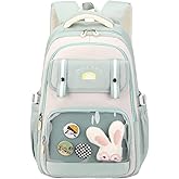 Mildame Kawaii School Backpack for Teen Girls, Cute Bookbags for Elementary Middle School, Multiple Pockets Girls Daypack with Accessories, Green