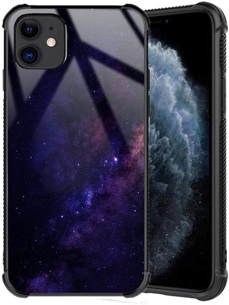 XanaduC iPhone 11 Case, Starry Sky Shiny Galaxy Space Slim Fit Tempered Glass Back Cover + Soft Silicone TPU Shockproof Bumper Protective Case for iPhone 11 6.1 inch 2019 - Blue Nebula
