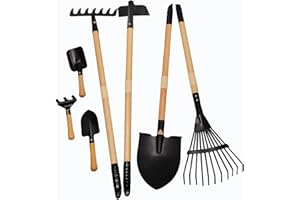 POMIKU Kids Garden Tools Set, Shovel, Rake for Leaves, Spade, Hoe, 7 Pieces Yard Tools for Toddlers Gifts, Steel Heads & Real