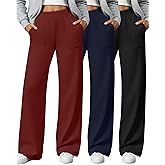 Sweetyweee 3 Pack Women's Wide Leg Lounge Pants High Waisted Sweatpants Casual Elastic Yoga Open Bottom Joggers with Pockets