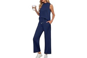 Lepunuo Two Piece Sets for Women Summer Mock Neck Sleeveless Top Wide Leg Pants Lounge Sets Vacation Travel Outfits