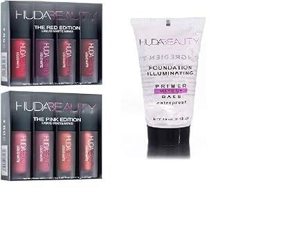 HudaMatte Liquid Lipsticks, Huda Liquid Matte Lipstick set of 4 +4, Red +Pink Edition with Primer Make up Base