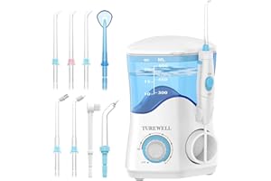 TUREWELL Water Dental Flosser for Teeth/Braces, Water Teeth Cleaner 8 Jet Tips and 10 Pressure Levels, 600ML Large Water Tank Oral Irrigator for Family(White)
