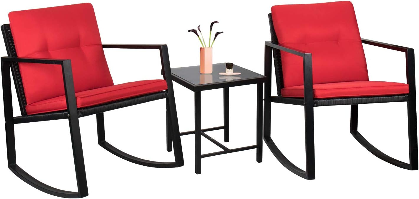 Flamaker 3 Pieces Patio Furniture Set Rocking Wicker Bistro Sets Modern Outdoor Rocking Chair Furniture Sets Clearance Cushioned PE Rattan Chairs Conversation Sets with Coffee Table (Red)
