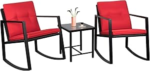Flamaker 3 Pieces Patio Furniture Set Rocking Wicker Bistro Sets Modern Outdoor Rocking Chair Furniture Sets Clearance Cushioned PE Rattan Chairs Conversation Sets with Coffee Table (Red)