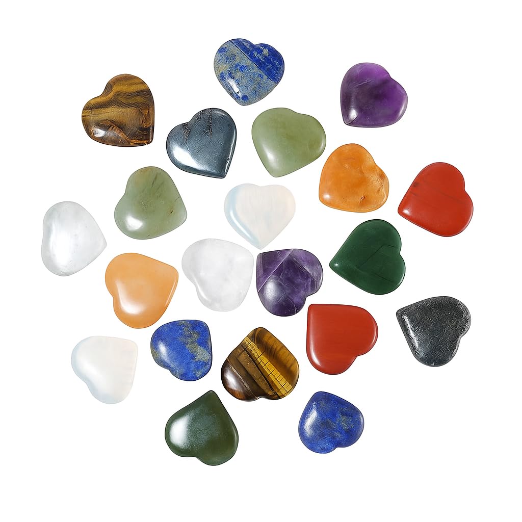 Crocon® 21 Pcs Assorted Heart stone 25mm Mini Heart Shape gemstone Puff Stones Set 950+ Carats Pocket Crystal Healing Tumble Collection Palm Worry Stone Good Luck Meditation Gift Craft Home Decor