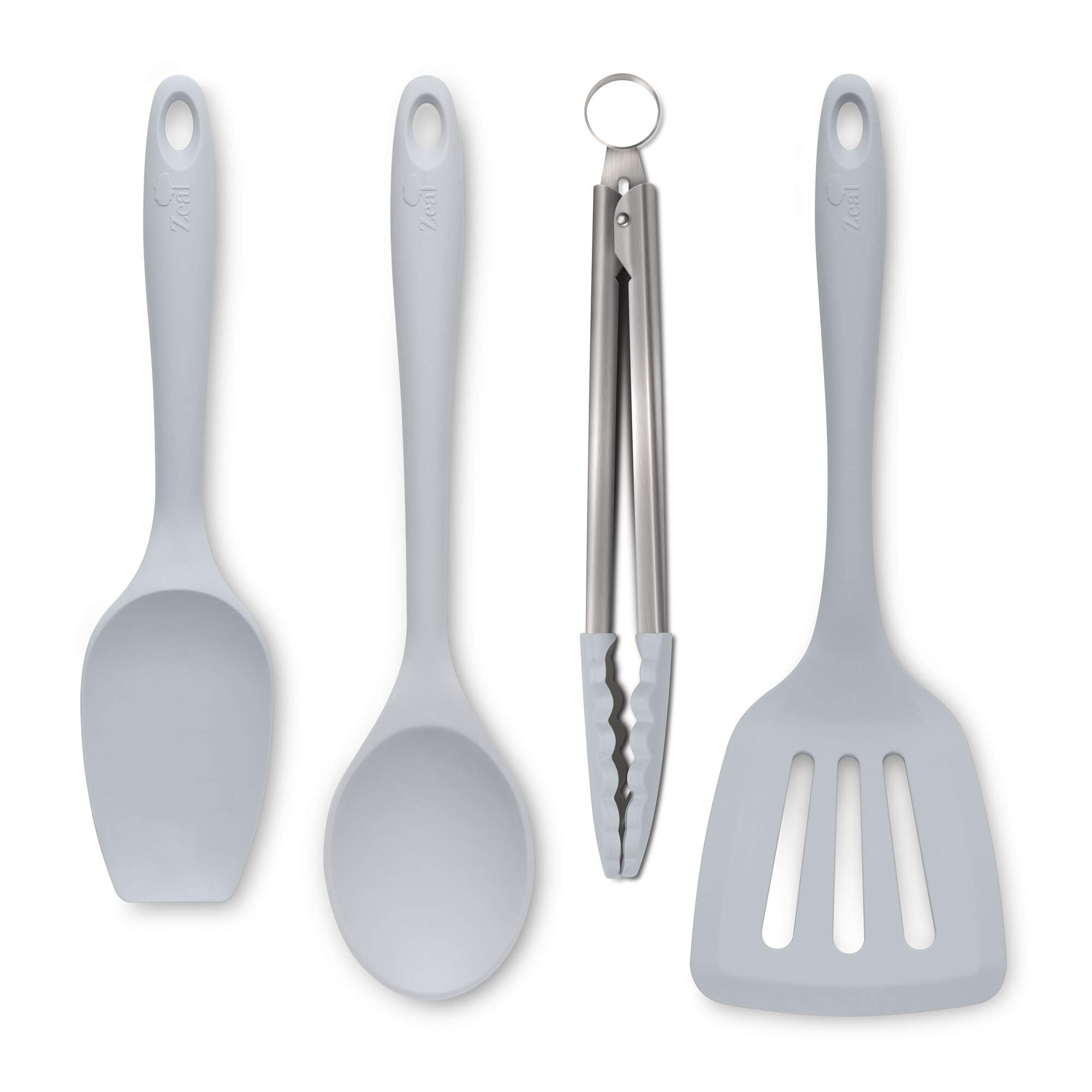 Zeal JSET40S Non-Stick Silicone Tongs, Turner, Spatula Cooks Spoon 4-Piece Set-French Grey