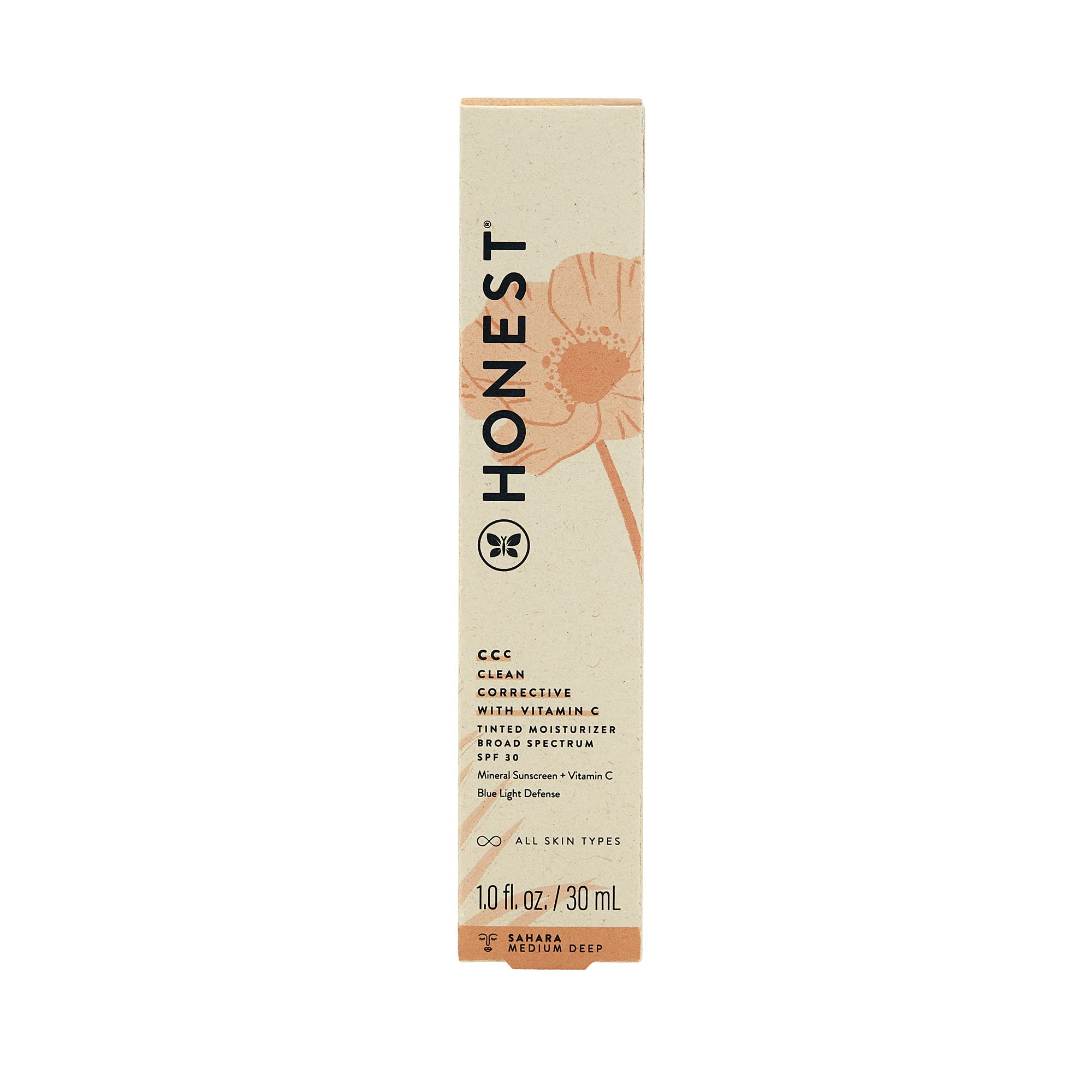 Honest Beauty CCC Clean Corrective with Vitamin C Tinted Moisturizer | Mineral SPF 30 | Vegan + Cruelty Free | Sahara Medium Deep, 1 fl oz