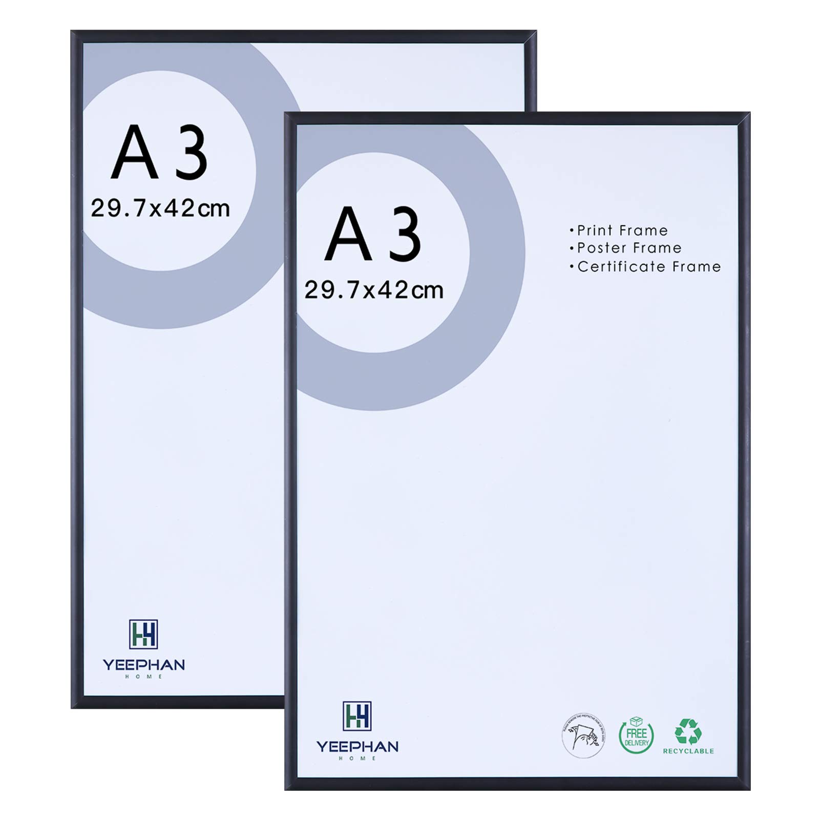 A3 Aluminum Photo Frame with Perspex Glass Front,29.7 x 42cm black picture frame,Wall Mount Metal frame for Picture or Certificate,pack of 2