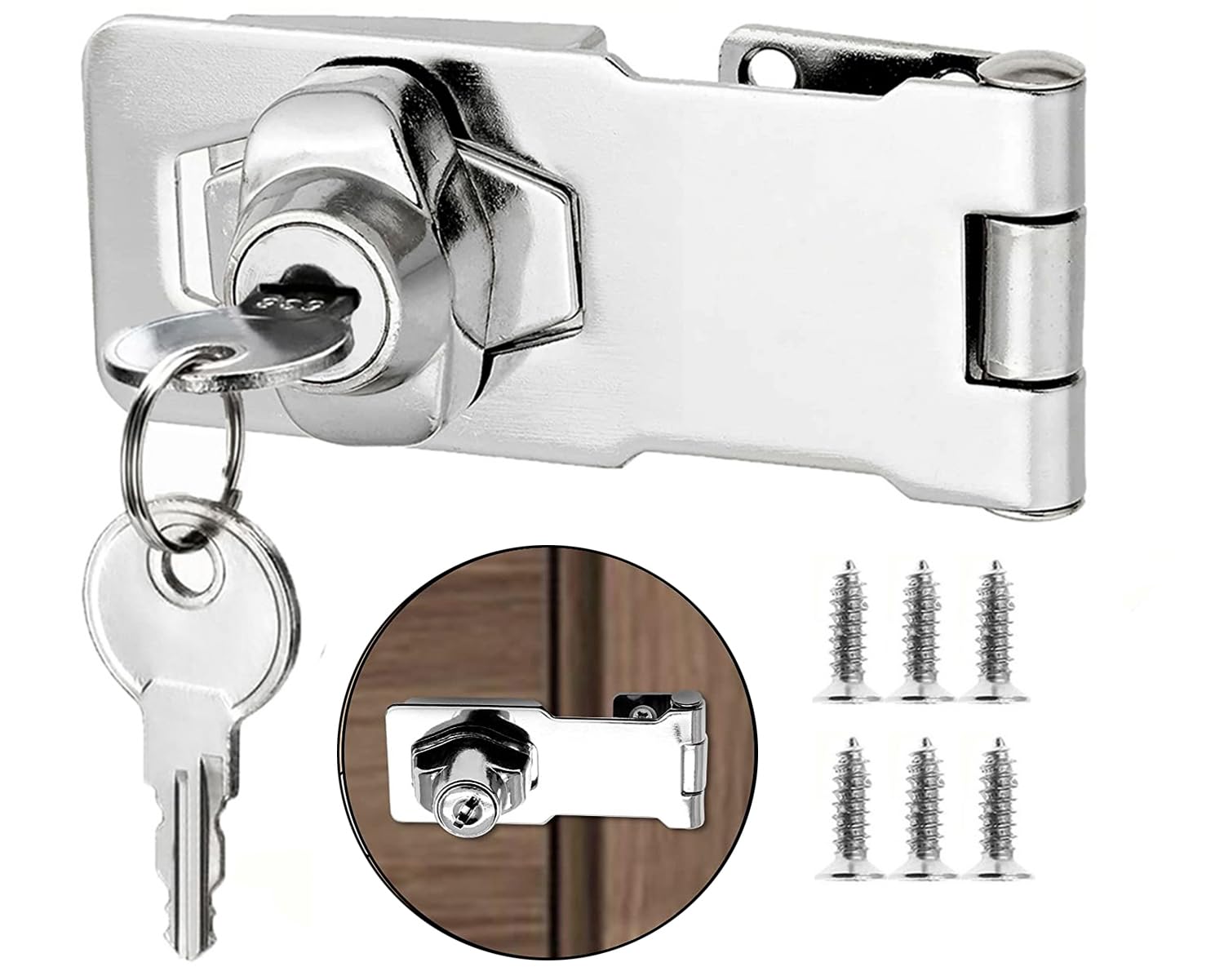Litensh Keyed Hasp Lock Right Angle 90 Degrees Lock Hasp Twist Knob Keyed Locking Hasp Shed Locks Door Clasp Door Bolt Latch Buckle Hasp with Padlock Keys for Cupboard (Silver 2.5 Inch) — image 1