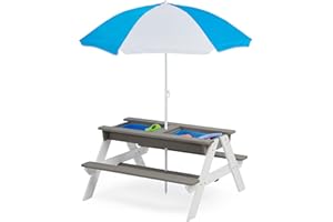 SoliWood Kids 3 in 1 Convertitable Sand and Water Table with Umbrella, Picnic Table for Outdoor Backyard Patio Play
