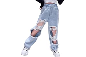 NABER Kids Girls Elastic Waist Cool Ripped Jeans Washed Denim Wide Leg Ripped Denim Jean Age 5-15 Years