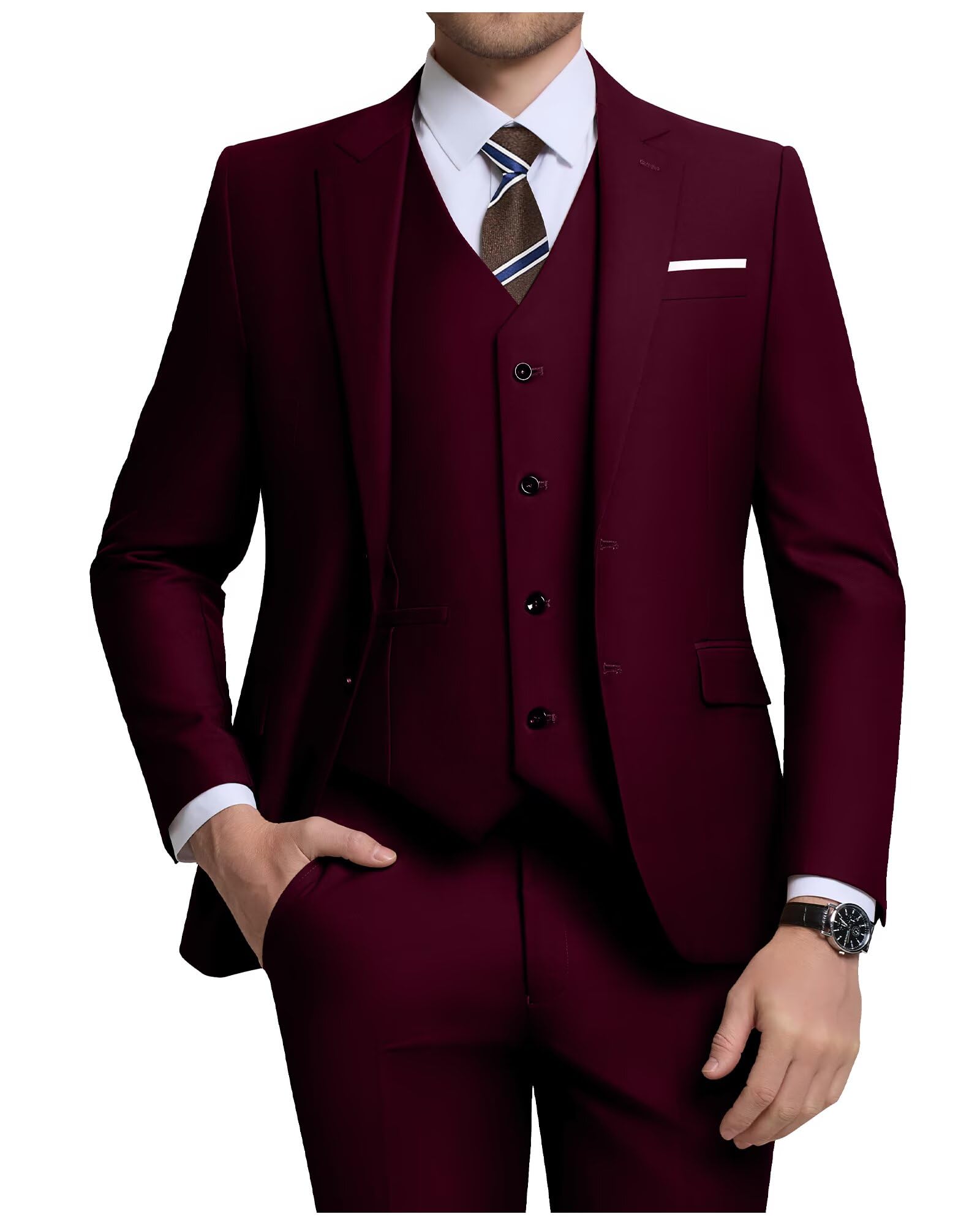 Photo 1 of Men Suit Set Slim Fit Wedding Suit Business Suit Burgundy Prom Groomsmen Suits Tuxedos Jacket Blazer Vest Pants Men Suits S