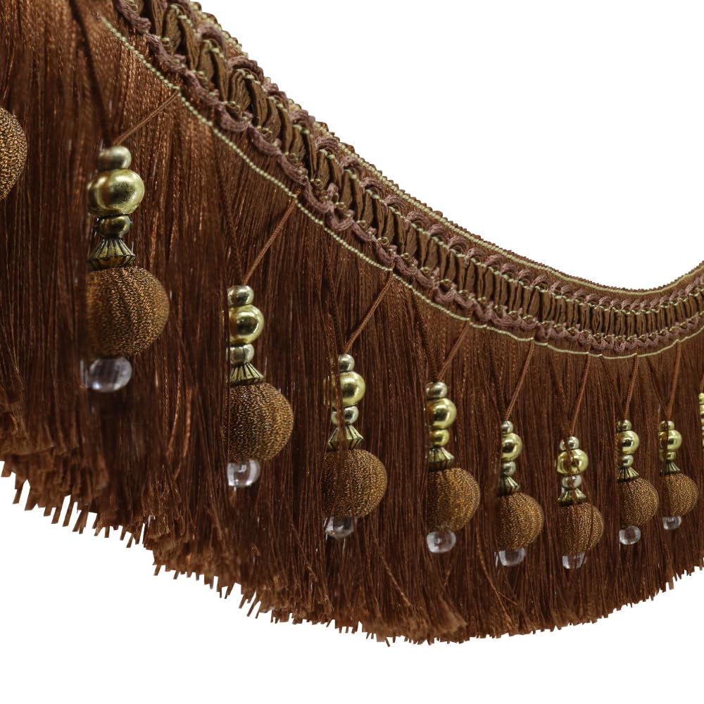 2yards Braided Beads Hanging Ball Tassel Fringe Trimming Applique Fabric Trimming Ribbon Band Curtain Table Wedding Decorated (Brown)
