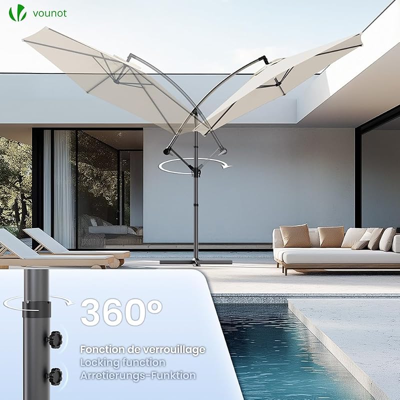 ® 300 cm Parasol Excentrico, Sombrilla de Jardín con Manivela, Funda Protectora y Correa de Fijación, Protección UV, Beige