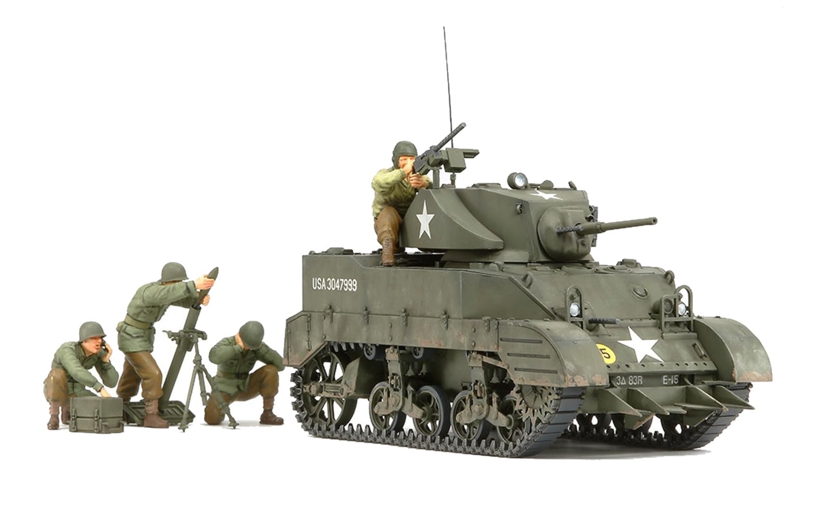 Tamiya 300035313 Model Tank WWII US M5A1 Light Panzer with Mortar 1:35, Grün
