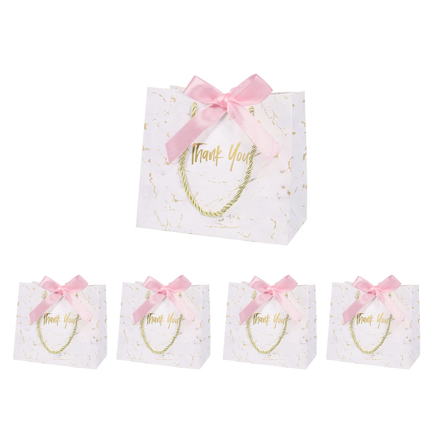 5Pcs Thank You Gift Bags, Marble Pattern Paper Gift Bags with Ribbons 18× 10× 16cm, Pink
