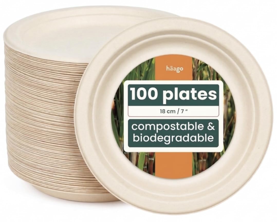 HAAGO 100 Strong Compostable Sugarcane Dessert Plates, 18 cm / 7 Inch Small Plate – Heavy Duty, Grease- & Leak-Proof Paper Plates – Biodegradable Disposable for Desserts, Starters & Snacks