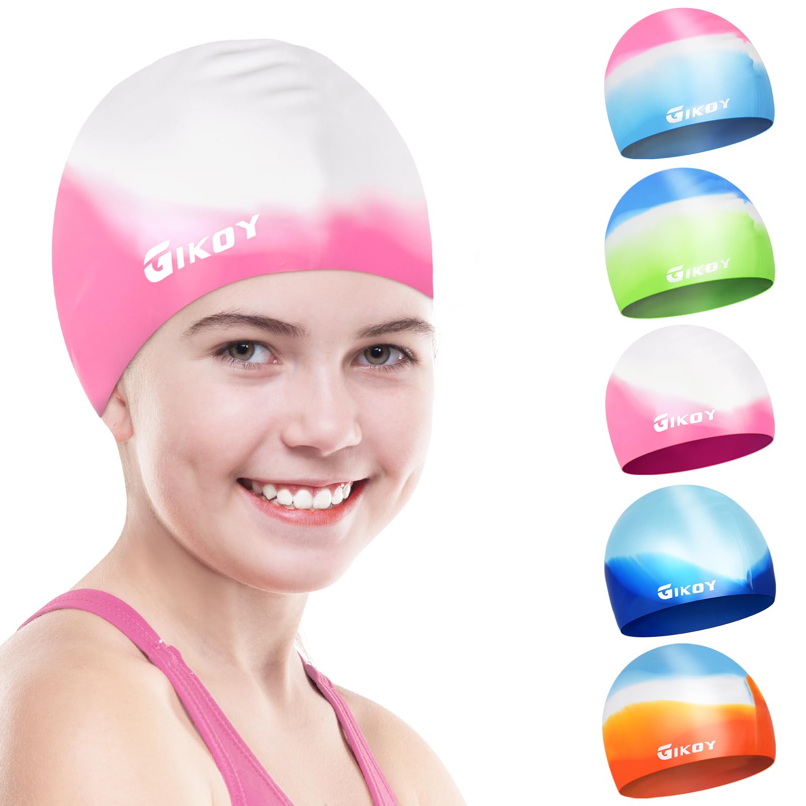 Swimming Cap Kids, Swim Caps for Girls Boys Children Aged 5-14, GIKOY Comfortable Stretchable Swimming Hats for Long Hair, Silicone Odour Free Waterproof Swim Hat, Non-Slip lining & Keep Hair Dry