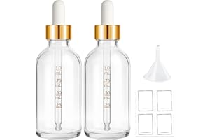 Bumobum 2 Pack, 2 oz Golden Cap Clear Glass Eye Dropper Bottle with Labels and Funnel, Leakproof Tincture Bottle with Measured Dropper for Essential Oils Bottles