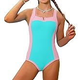 Kids4ever Girls One Piece Swimsuits Color Block Bathing Suit Kids Swimwear for Teens Beach 9-16Y