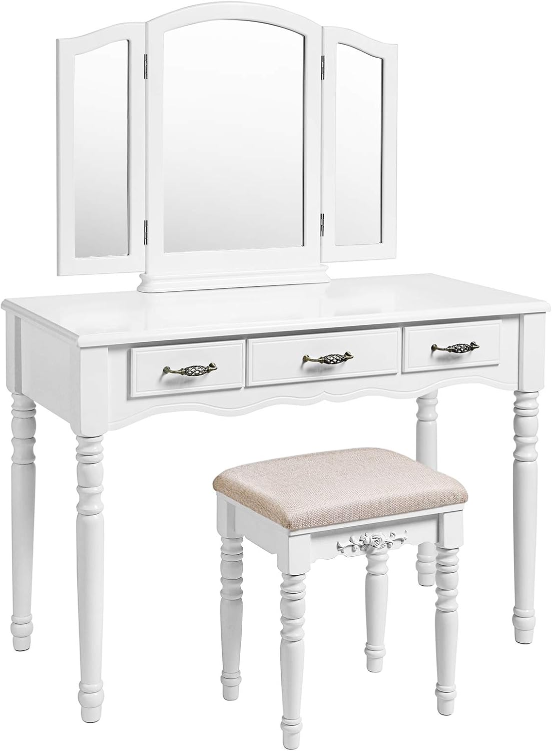 Songmics Vanity Set 3 Large Drawers Tri Folding Mirror Make Up Dressing Table With Cushioned Stool Easy Assembly Gift For Mom White Urdt18w Amazon Ca Home Kitchen