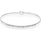 SM Inspirational Positive Message Engraved Thin Cuff Bangle Bracelets for Women (Always My Sister,Forever My Friend - Silver)