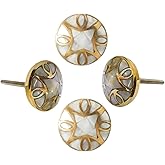Perilla Home Set of 4 Premium Mother of Pearl Decorative Drawer Knobs - Gold Embroidered Vintage Kitchen Cabinet Handles Hardware Cupboard Door Unique Dresser Pulls Brass Round Knobs (Design-2)