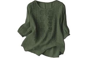 Boho Linen Tops for Women 3/4 Sleeve Embroidered Tops Mexican Peasant Dressy Casual Summer Vacation Beach Shirts